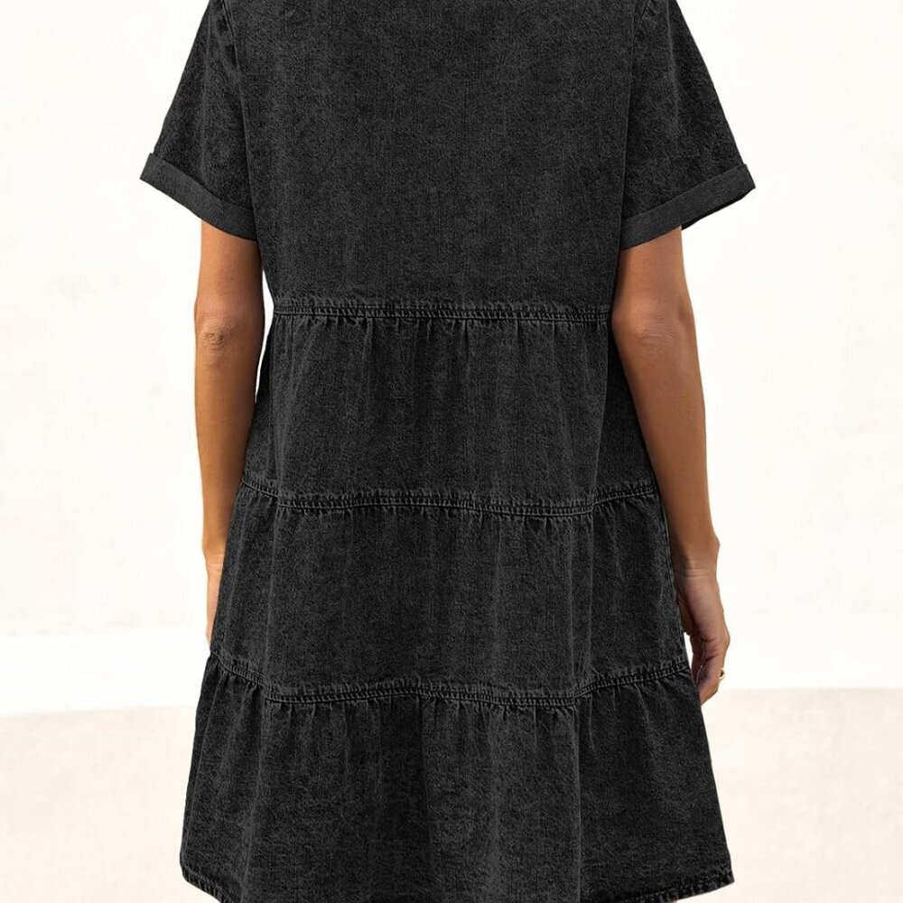 Women's Denim Dress Cotton Short Sleeve Casual Tiered Babydoll - Picture 3 of 5